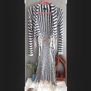 Rue21 LongBlue and White striped Fringed Knit Duster Cardigan size S!